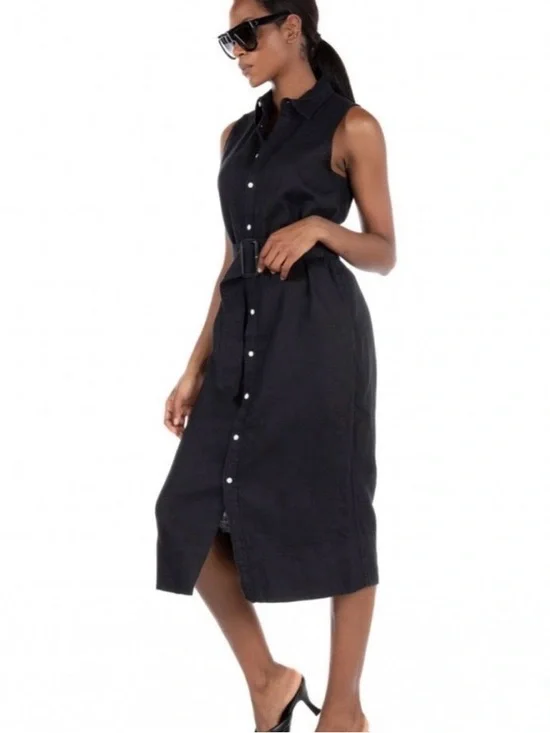 Polo Ralph Lauren Kingsley Black Linen Midi Shirtdress Sleeveless Pockets Sz 12 - Picture 2 of 14